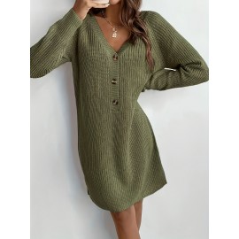 Plus Size, Women's Olive Green V-Neck Collar Sweater Dress with Short Sleeves & Single Button Closure - A-Line Winter Dress for, Office, Semi-Formal Wear - Machine Washable Cozy Outfit