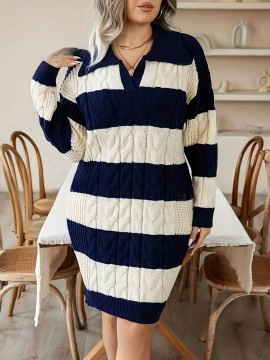 Elegant Plus Size Striped Sweater Dress Polyester Knit Fabric - Lapel Collar Long Sleeve Drop Shoulder Midi Dress with Medium Stretch for All Seasons
