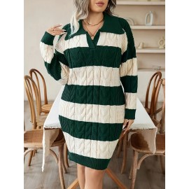 Elegant Plus Size Striped Sweater Dress Polyester Knit Fabric - Lapel Collar Long Sleeve Drop Shoulder Midi Dress with Medium Stretch for All Seasons