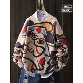 Plus Size - Plus Size - Plus Size Sweater with a Graffiti Style Featuring a Colorful Line Art of a Human Face, a Casual Round-Neck Long-Sleeve Top, Women'S Plus-Size Clothing.