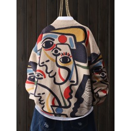 Plus Size - Plus Size - Plus Size Sweater with a Graffiti Style Featuring a Colorful Line Art of a Human Face, a Casual Round-Neck Long-Sleeve Top, Women'S Plus-Size Clothing.