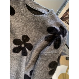 [Elegant Floral Sweater] Plus Size Women's Elegant Floral Sweater | Loose Fit Long Sleeve Pullover with Dark Floral Pattern, Soft Texture Top for Everyday & Formal Outfits - Stylish Knitwear, Seasonal Wardrobe, Breathable Material, Office Wear