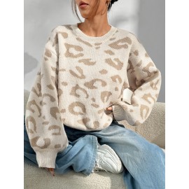 Plus Size - Women'S Plus Size Leopard Print Sweater - Cozy Crew Neck, Long Sleeve Pullover for Fall/Winter, Casual Style with Ribbed Cuffs, Light Beige & Brown Pattern, High-Stretch Fabric, Perfect for Casual Attire, Cozy Sweater