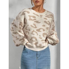 Plus Size - Women'S Plus Size Leopard Print Sweater - Cozy Crew Neck, Long Sleeve Pullover for Fall/Winter, Casual Style with Ribbed Cuffs, Light Beige & Brown Pattern, High-Stretch Fabric, Perfect for Casual Attire, Cozy Sweater