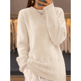 Plus Size, Women's Oversized Elegant Sweater - Winter Warm Round Neck Long Sleeve Cable- Texture Sweater for Fall & Winter, Cozy Casual to Formal Outfits, Plus Size Available (Hand Washable) - Versatile Everyday & Special Occasion Sweater