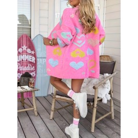 Plus Size - Women'S Pink Heart Pattern Cardigan - V-Neck, Long Sleeve, Mid-Length Open Front Sweater for Fall/Winter, Casual Style with White Top and Jeans, Cardigan Sweater