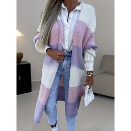 Plus Size, Plus-Size Women's Elegant Color-Block Cardigan - Soft Open Front Ribbed Design, Cozy Autumn Winter Sweater for Casual & Formal Outfits, Seasonal Wardrobe, Stylish Knitwear, Premium Knitwear, Stylish Ladies