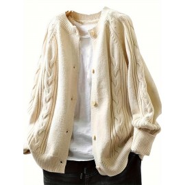 Plus Size, Women's Beige Sweater - Longline Sweater Coat with Button Front, Thick Cable Texture, Machine Washable Winter Sweater for Everyday & Formal Outfits - Elegant Sweater for Women, Sweater, Medium Elasticity Fabric