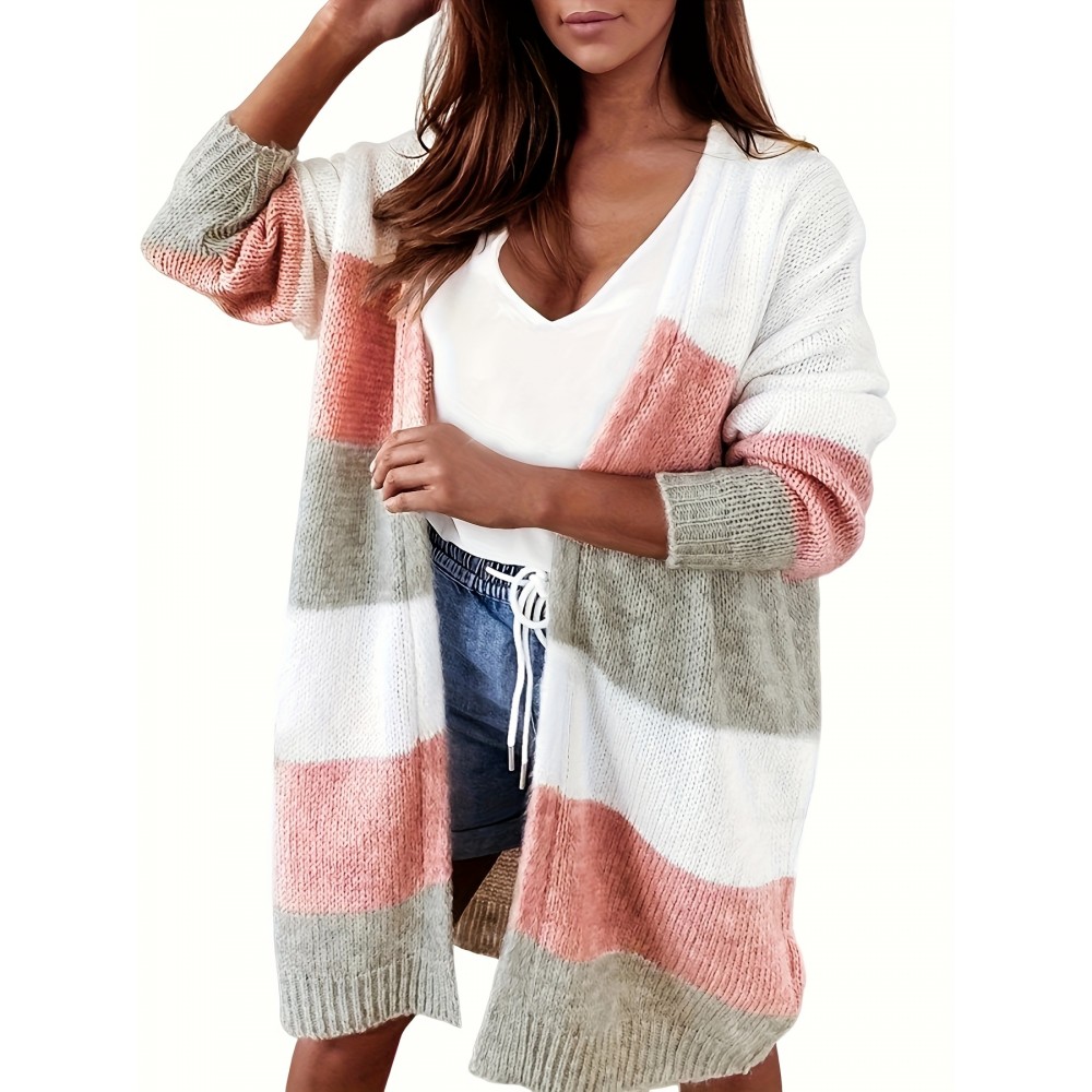 Pink, Beige, and White Plus Size Women's Striped Cardigan - Long Sleeve, Open Front, Lightweight Jacket Perfect for Spring and Fall, Casual Outerwear | Striped Cardigan | Construction, Lightweight Cardigan