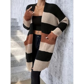 [Elegant Cardigan] Soft Elegant Women's Color Block Cardigan | Long Sleeve Mid-Length Sweater with Pockets, Relaxed Fit for Fall Winter, Casual & Formal Outfits