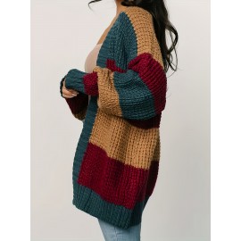 Plus Size, Women's Plus Size Autumn/Winter Striped Design Cardigan Sweater