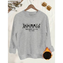 Women'S Cozy Mickey Mouse & Friends Graphic Sweatshirt - Black Crew Neck Pullover with Applique Design, Casual Fall/Winter Wear, Casual Winter Wear | Playful Design | Soft Texture, Mickey Mouse Sweatshirt