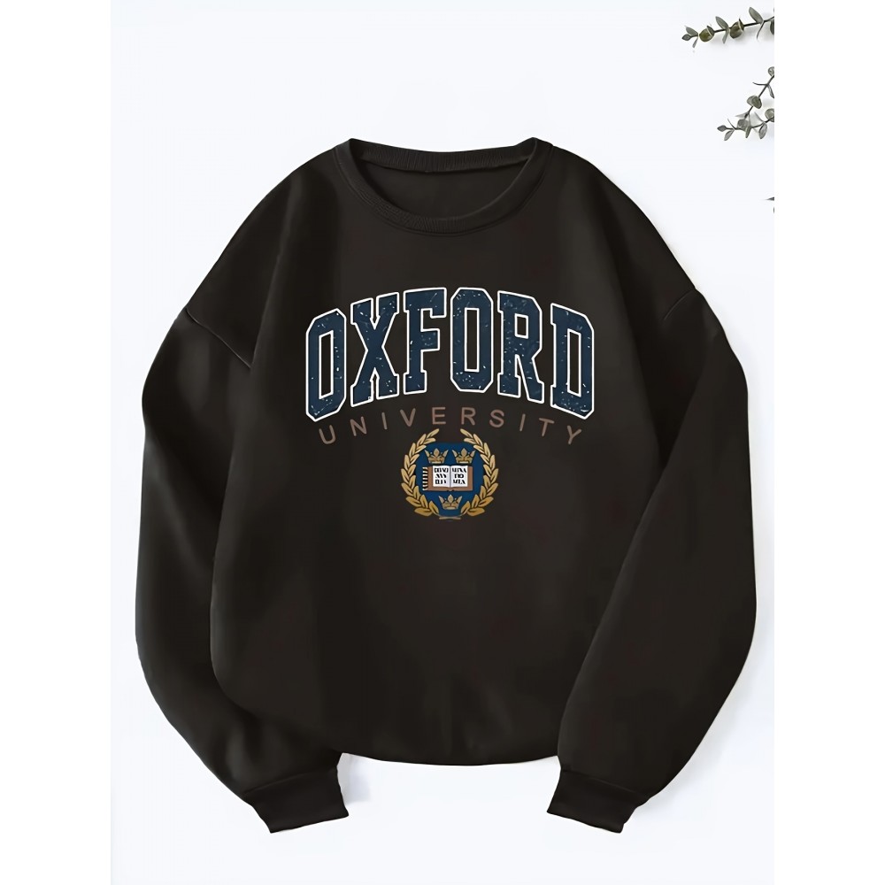 [Oxford University Alphabet Print] Oxford University Alphabet Print Sweatshirt - Casual Crew Neck, Thickened Lined Long Sleeve, 100% Polyester Knit Fabric, 250gsm - Black