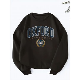 [Oxford University Alphabet Print] Oxford University Alphabet Print Sweatshirt - Casual Crew Neck, Thickened Lined Long Sleeve, 100% Polyester Knit Fabric, 250gsm - Black