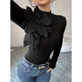 [Floral Embellished Crop Top] Elegant Floral Embellished Women's Black Long-Sleeve Crop Top | High Neck, Ruched Design, Cinched Waist, Perfect for Casual or Stylish Outfits