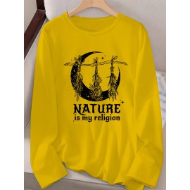 Women's Casual Long Sleeve Crew Neck Graphic T-Shirt - Sun Moon Stars Print with 