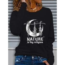 Women's Casual Long Sleeve Crew Neck Graphic T-Shirt - Sun Moon Stars Print with 