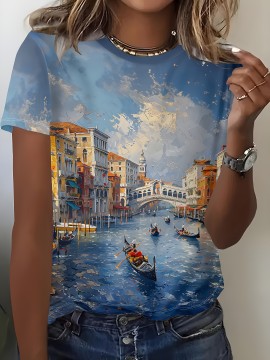 Women's Venice Gondola & Rialto Bridge Print Short Sleeve T-Shirt - Vibrant Venetian Canal Scene, Breathable Round Neck Casual Top for Spring/Summer, Machine Washable, Summer Clothing, Artistic Scene Tee, Nontransparent Fabric