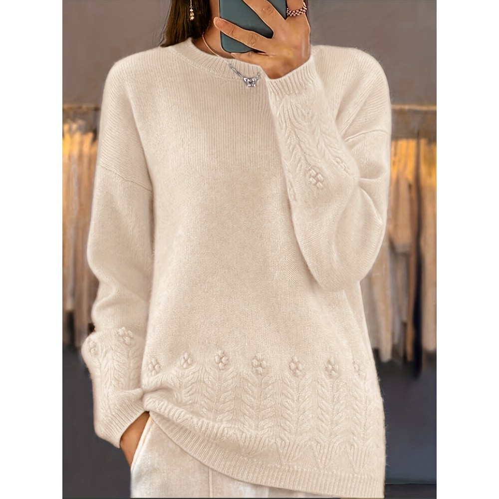 Plus Size, Women's Oversized Elegant Sweater - Winter Warm Round Neck Long Sleeve Cable- Texture Sweater for Fall & Winter, Cozy Casual to Formal Outfits, Plus Size Available (Hand Washable) - Versatile Everyday & Special Occasion Sweater