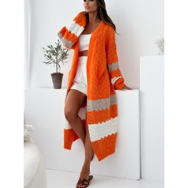 Women'S Elegant Striped Cardigan - Fashionable Off-the-Shoulder Long Sleeve, Deep V-Neck, Large Size, Spring/Fall, Pocket, Casual Wear|Vneck Cardigan|Stretchy Fabric