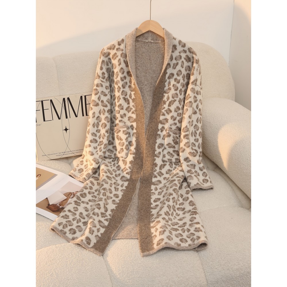 Plus Size - Women'S Leopard Print Cardigan - Cozy Mid-Length Open Front with Pockets, Oversized Fit for Fall/Winter, Warm & Stylish for Casual or Commuting, Cozy Clothing | Leopard Print Cardigan | Construction, Leopard Print Cardigan