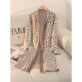 Plus Size - Women'S Leopard Print Cardigan - Cozy Mid-Length Open Front with Pockets, Oversized Fit for Fall/Winter, Warm & Stylish for Casual or Commuting, Cozy Clothing | Leopard Print Cardigan | Construction, Leopard Print Cardigan