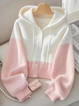 Plus Size - Women'S Korean Style Pink Patchwork Hooded Sweater - Casual Long Sleeve Cardigan with Button Front, Loose Fit for Fall/Winter, Lightweight & Cozy, Buttoned Cardigan
