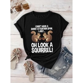 [Playful Squirrel Graphic Tee] Playful Print Top | Women's Casual 