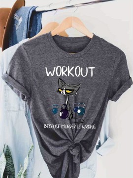 [Humorous Workout T-Shirt] 1pc Women's Casual Short Sleeve T-Shirt | Soft, Lightweight, Humorous Cat & Dumbbell Graphic Print, 