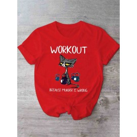 [Humorous Workout T-Shirt] 1pc Women's Casual Short Sleeve T-Shirt | Soft, Lightweight, Humorous Cat & Dumbbell Graphic Print, 